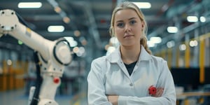 A female technician in a factory setting a robotic arm with a red emergency stop button in the foreground