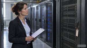 Altsysteme archivieren: IT Leiterin prüft stillgelegte Server im Rechenzentrum eines Fertigungsbetriebs