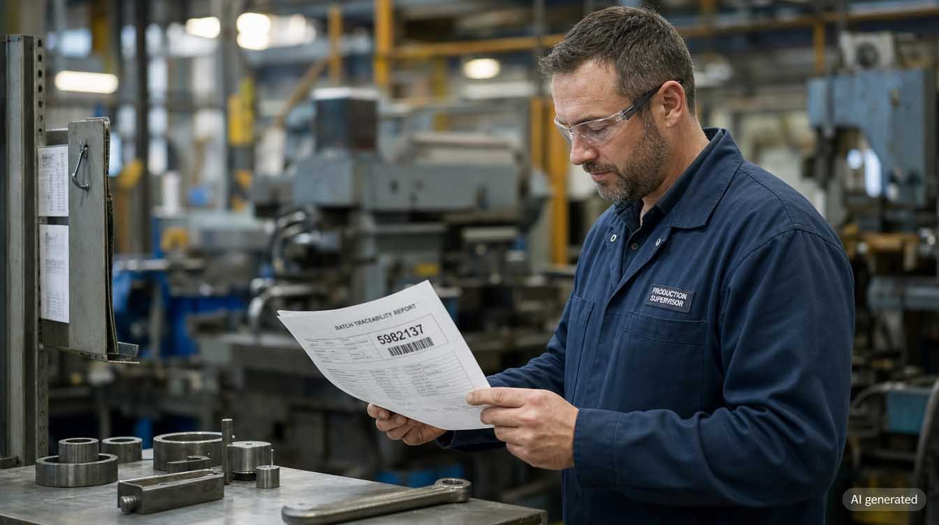 Produktionsleiter prüft Chargennachweis für Aufbewahrungspflicht