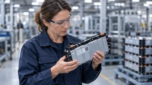 Batteriepass Aufbewahrungspflicht: Qualitätsingenieur prüft Batteriemodule an einer Montagelinie