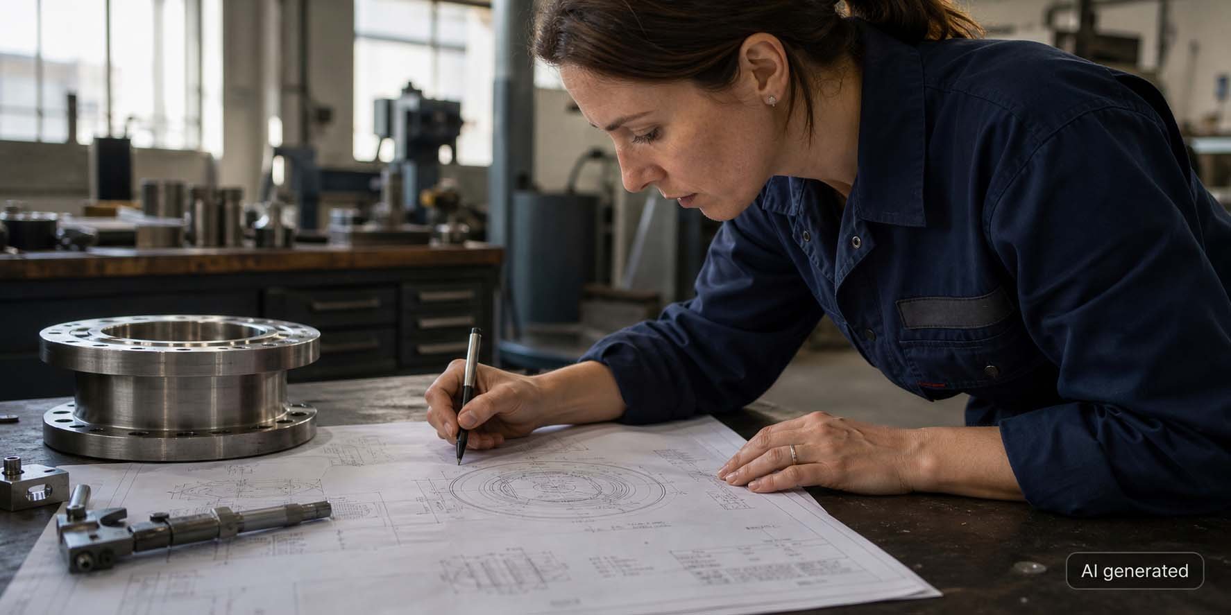 Ingenieurin markiert ein kritisches Merkmal auf einer technischen Zeichnung