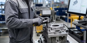 Produktionsmitarbeiter an einer Montagestation eines Automobilzulieferers prüft ein Bauteil mit Drehmomentschlüssel, daneben ein Touchscreen-Terminal mit digitaler Arbeitsanweisung zur geführten Montage.