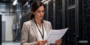 IT- und Compliance-Verantwortliche prüft Datenbestände auf Vertrauenswürdigkeit im Rechenzentrum 
