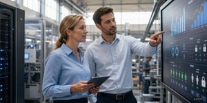 Zwei Fachkräfte prüfen Zugriffsrechte auf Produktionsdaten im Werk, Sinnbild für Datensouveränität in der Fertigung