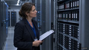 Digitale Langzeitarchivierung in der Fertigung: IT Leiterin prüft Archivsystem im Serverraum