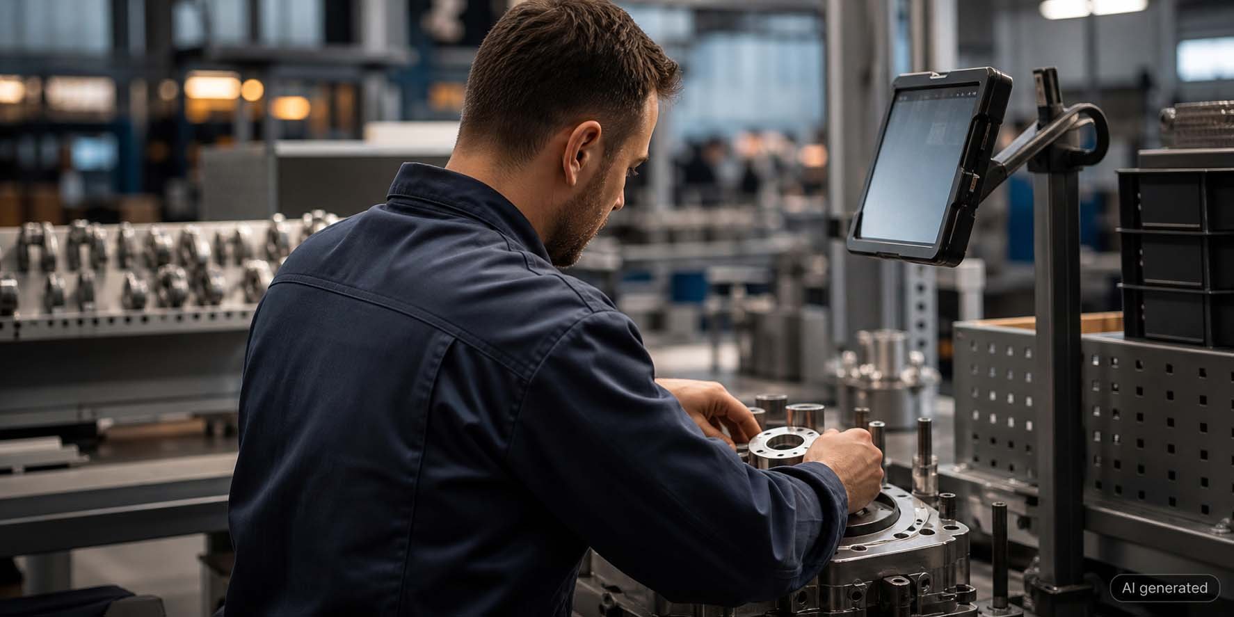 Werker folgt digitaler Arbeitsanweisung bei der Montage an digitalisierter Station