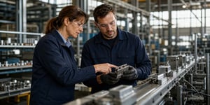 Produktionsleiterin und Werker an digitalisierter Fertigungslinie besprechen einen Prozessschritt