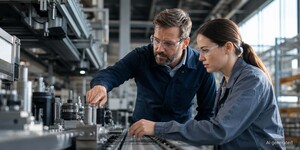 Prozessingenieur und Fachkraft beobachten automatisierten Prozess an vernetzter Fertigungslinie 