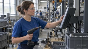 Intelligente Werkerführung am Montageplatz: Werkerin bestätigt einen Montageschritt an der Linie