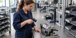 Intelligente Werkerführung: Werker montiert Bauteil mit angebundenem Schrauber am Arbeitsplatz