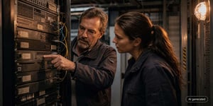 IT-Leiter und Systemtechnikerin prüfen ein Legacy Software System im Serverraum einer Fertigung