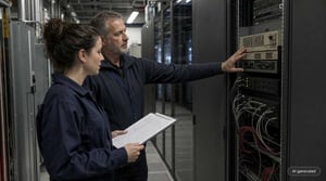 IT-Leiter und Systemtechnikerin prüfen ein Legacy-System im Serverraum eines Fertigungsbetriebs