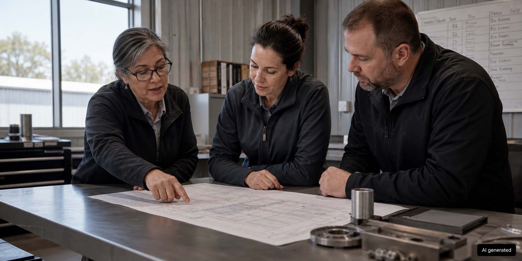 Team plant die Ablösung eines Legacy Systems anhand eines gedruckten Prozessplans in der Fertigung