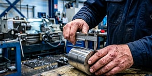 Werker hält einen Messschieber an ein gedrehtes Metallteil in einer modernen CNC-Fertigungshalle.
