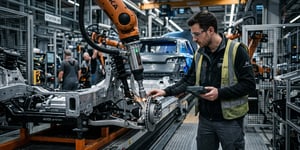Mitarbeitende in moderner Automotive-Fertigung bei der Montage einer Schraubverbindung an einer industriellen Produktionslinie mit Schraubwerkzeugen und Metallbauteilen.