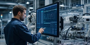 Qualitätsmanagement-Software mit Produktionsanbindung: Ingenieur prüft Echtzeit-Prozessdaten auf Shopfloor-Monitor in der Fertigung 