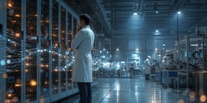 Quality-Engineer in moderner Smart Factory der Medizintechnik neben leuchtenden Archivierungs-Schränken, Sinnbild für revisionssichere Datenhaltung und Software Medizintechnik. 