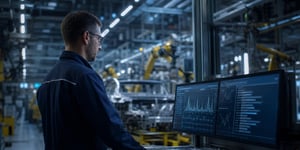 Qualitätsmanagement-Software Fertigung – Qualitätsingenieur an digitalem Arbeitsplatz mit Prozessdaten und Bauteil-Rückverfolgbarkeit im Hintergrund einer ProduktionslinieDu hast gesagt: alt tag