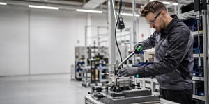 Werkerassistenzsysteme am Montagearbeitsplatz: Werker folgt visueller Schrittführung mit Werkzeug und Bauteil zur Einhaltung der Qualitätsstandards