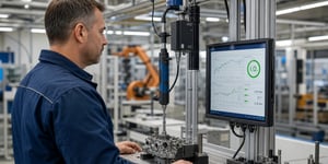 Qualitätssicherungssoftware: Werker liest Prozessdaten und Drehmomentwerte an einer Montagestation ab