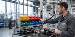 Werkerassistenzsysteme an einer Montagelinie, Werker greift geführt zum richtigen Drehmomentwerkzeug neben farblich sortierten Bauteilbehältern.