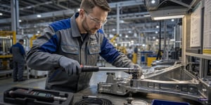 Qualitaetsmanagement Software in der Fertigung, Qualitaetsingenieur prueft verschraubtes Bauteil mit Drehmomentwerkzeug