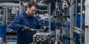 Qualitätskontrolle in der Fertigung: Prüfer misst Motorbauteil an einer Montagelinie mit Drehmomentschlüssel und Messuhr