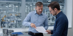 Durchgängige Qualitätskontrolle – zwei Ingenieure analysieren Qualitätsdaten in Produktionskontrollraum mit Blick auf Fertigungslinie