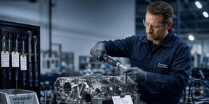 Audit Readiness Fertigung, Qualitaetstechniker prueft Verschraubung am Motorblock mit digitalem Drehmomentwerkzeug