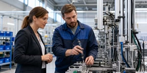 Effizienzsteigerung in der Produktion, Werkleiterin und Anlagenbediener besprechen den Montageprozess an einer Fertigungslinie mit Schraubwerkzeug und Sensorik