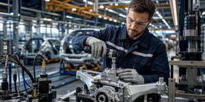 Qualitätsmanagement Software in der Fertigung, Qualitätsingenieur prüft eine Schraubverbindung mit kalibriertem Drehmomentwerkzeug an einer Montagelinie mit Sensorik und Verkabelung