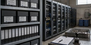 Revisionssichere Archivierung Software: Industrielles Langzeitarchiv mit beschrifteten Archivregalen, Serverschränken und Prüfmitteln im Fertigungsumfeld