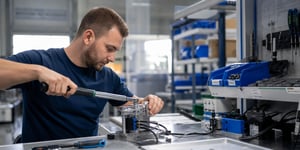 Werkerführung an einer Serienmontagestation, Werker führt Drehmomentschlüssel an ein Bauteil, physische Werkzeuge geordnet