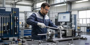 Werkzeugverwaltungssoftware in der Fertigung Prüftechniker prüft einen Drehmomentschlüssel an einer Kalibrierprüfbank mit Prüfschlüsseln und Werkzeugen