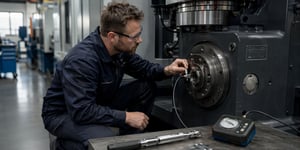Predictive Maintenance in der Fertigung, Instandhalter montiert einen Vibrationssensor an einem Maschinenlager in der Produktionshalle