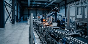 Automatisierte Fertigungslinie in moderner Industriehalle zur sicheren und nachvollziehbaren Produktion in der Industrie 4.0.