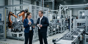 Qualitätsmanager und Produktionsleiter analysieren Fertigungsprozesse in moderner Industrieumgebung mit Fokus auf Qualitätsmanagement, Effizienz und operative Exzellenz