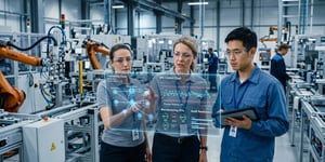 Auditor und Qualitätsingenieur analysieren digitale Qualitätsdaten, Prüfprotokolle und Rückverfolgbarkeitsberichte in einer modernen Fertigungsumgebung.