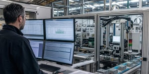 Qualitätsingenieur analysiert Produktions-, Prüf- und Rückverfolgbarkeitsdaten in einer modernen Fertigungsumgebung zur Erfüllung der Anforderungen der EU-Produkthaftungsrichtlinie 2026.
