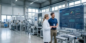 Predictive Quality in der Fertigung: Qualitätsmanager analysieren KI-gestützte Qualitätsvorhersagen auf einem Dashboard mit Produktions- und Prozessdaten in einer modernen Industrie-4.0-Fabrik.