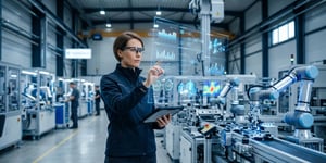 Ingenieur analysiert historische Prozessdaten und Qualitätsabweichungen an einer modernen automatisierten Fertigungslinie mit holografischen Datenvisualisierungen und industrieller Hightech-Umgebung.