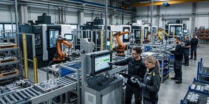 Moderne Fertigungshalle mit automatisierten Produktionslinien und Prozessdatenmanagement in der industriellen Produktion