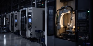 Dark Factory Fertigungshalle bei Nacht mit automatisierten Roboterzellen und CNC Maschinen ohne Personal