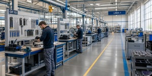 Lean Manufacturing Montagelinie mit aufgeraeumten Arbeitsstationen und klar getaktetem Materialfluss in heller Fertigung