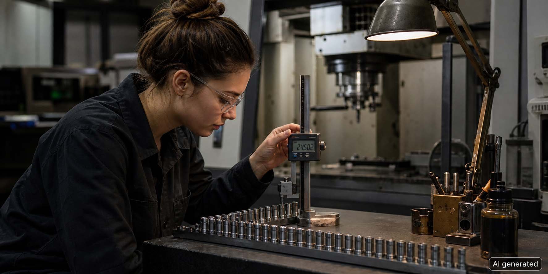 Werkerin misst eine Serie von 50 Teilen fuer die Cmk Bewertung der Maschine