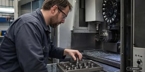 Techniker fuehrt eine Maschinenfaehigkeitsuntersuchung an einer neuen CNC Maschine durch