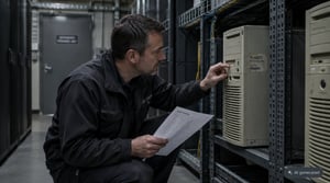 NIS2 Legacy Systeme: IT Leiter prüft einen alten Produktionsserver in einem Fertigungswerk