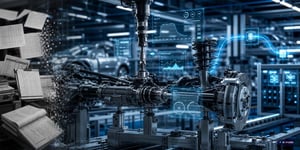 Automatisierte Achsmontage in der Automobilproduktion mit digitaler Erfassung von Drehmoment- und Qualitätsdaten direkt an der Linie zur lückenlosen Rückverfolgbarkeit jedes Bauteils.