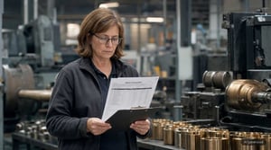 Qualitätsmanagerin prüft Inspektionsbericht im Werk