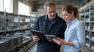 Qualitätsplattform in der Fertigung: Produktionsleiter und Qualitätsmanagerin vergleichen Prüfdaten an einer Montagelinie